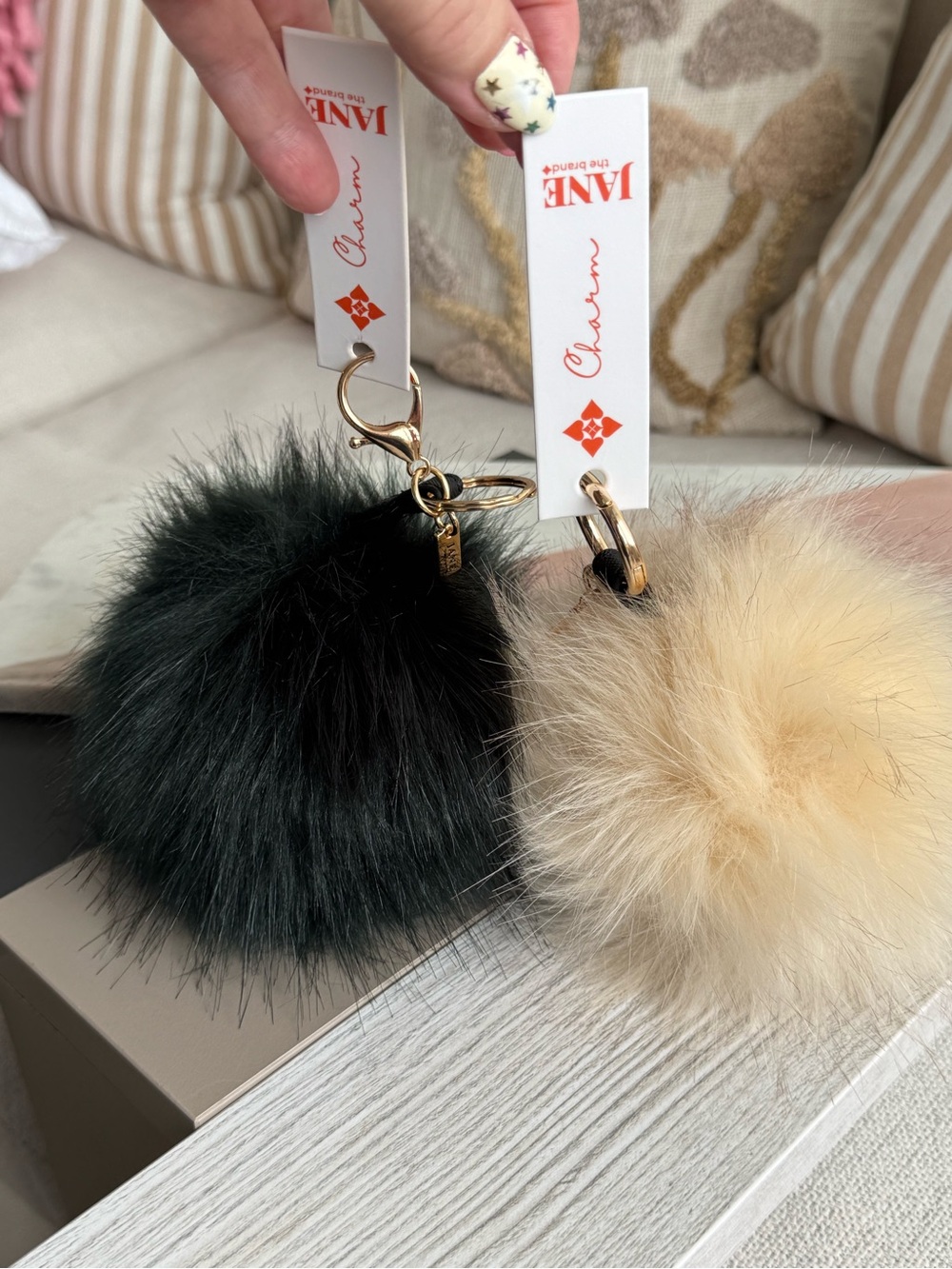 Two Faux Fur Pom Keychain by Jane the Brand - Green and Cream